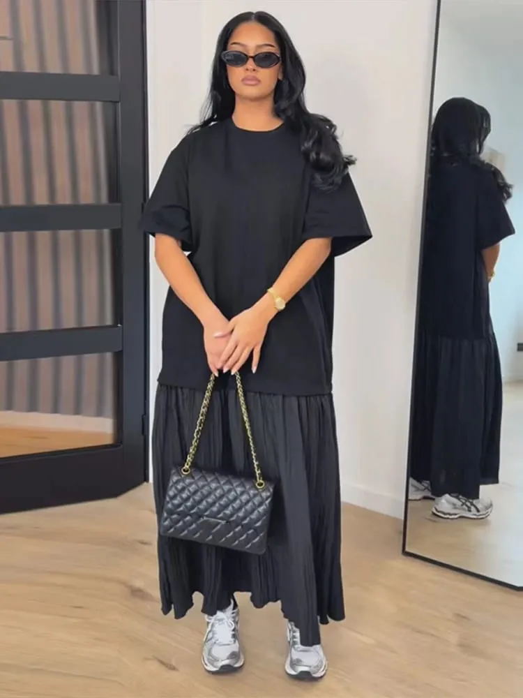 Fashion Patchwork Women Short Sleeve Dresses Casual O Neck Loose Female Solid Midi Dress 2026 Spring New Lady Long Robe Street