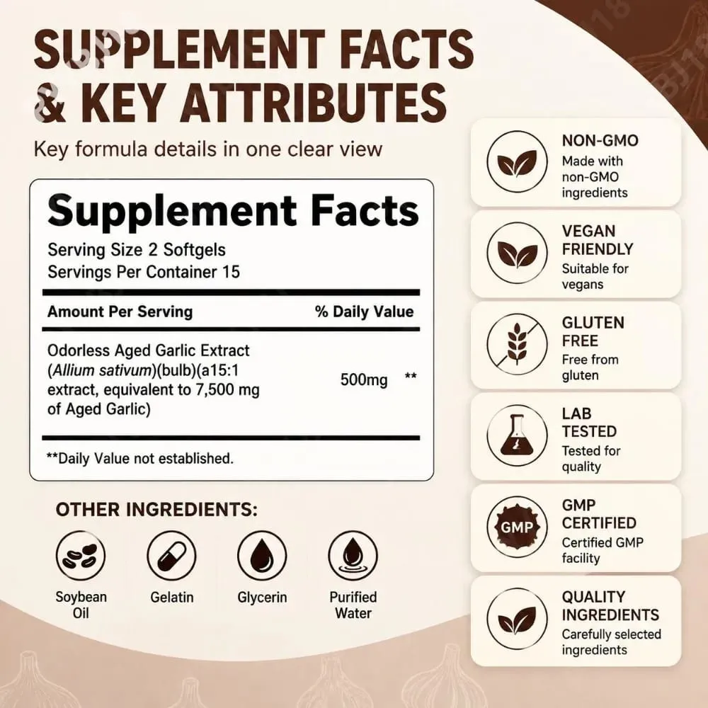 Odorless Aged Garlic Extract Softgels 7500mg 24-Month Fermented herbal Botanical Formula Cardiovascular Immune Support 30 Count — image 3