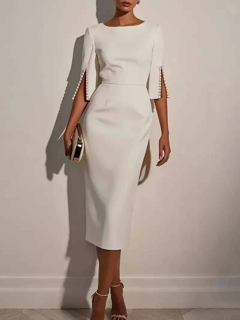 Women's Solid Color Pencil Midi Dress - Pearl Embellished Half Sleeve O-Neck Elegant Office Wear — image 3