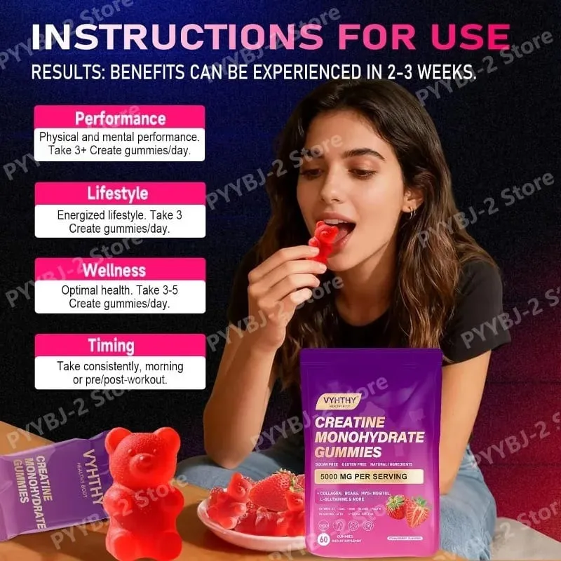 Creatine Monohydrate Gummies with Collagen BCAA and Vitamins Fitness Supplement Strawberry Flavor Daily Workout Support Sugar — image 3