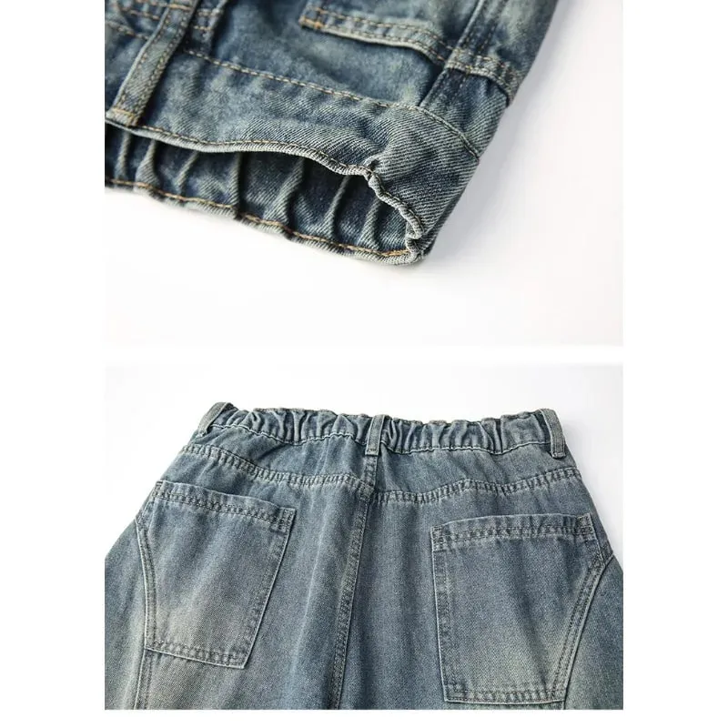 Men 2026 American Style Wide Leg Scimitar Jeans Contrast Stitch Spliced Pleated Design Loose Casual Long Denim Pants For Male — image 7