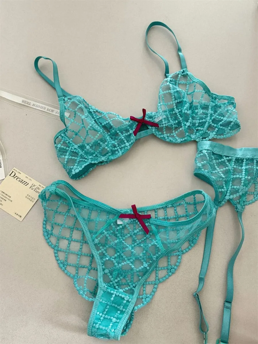 Mermaid blue three-piece lingerie set of thin large breast underwear sexy lace bra breathable romantic bras with underpants suit