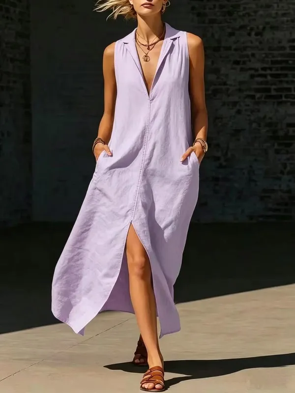 Casual Lapel Loose Sleeveless Maxi Dresses For Women Summer Tank Split Beach Long Dress Solid Colors With Pockets 2026 Sundress — image 8