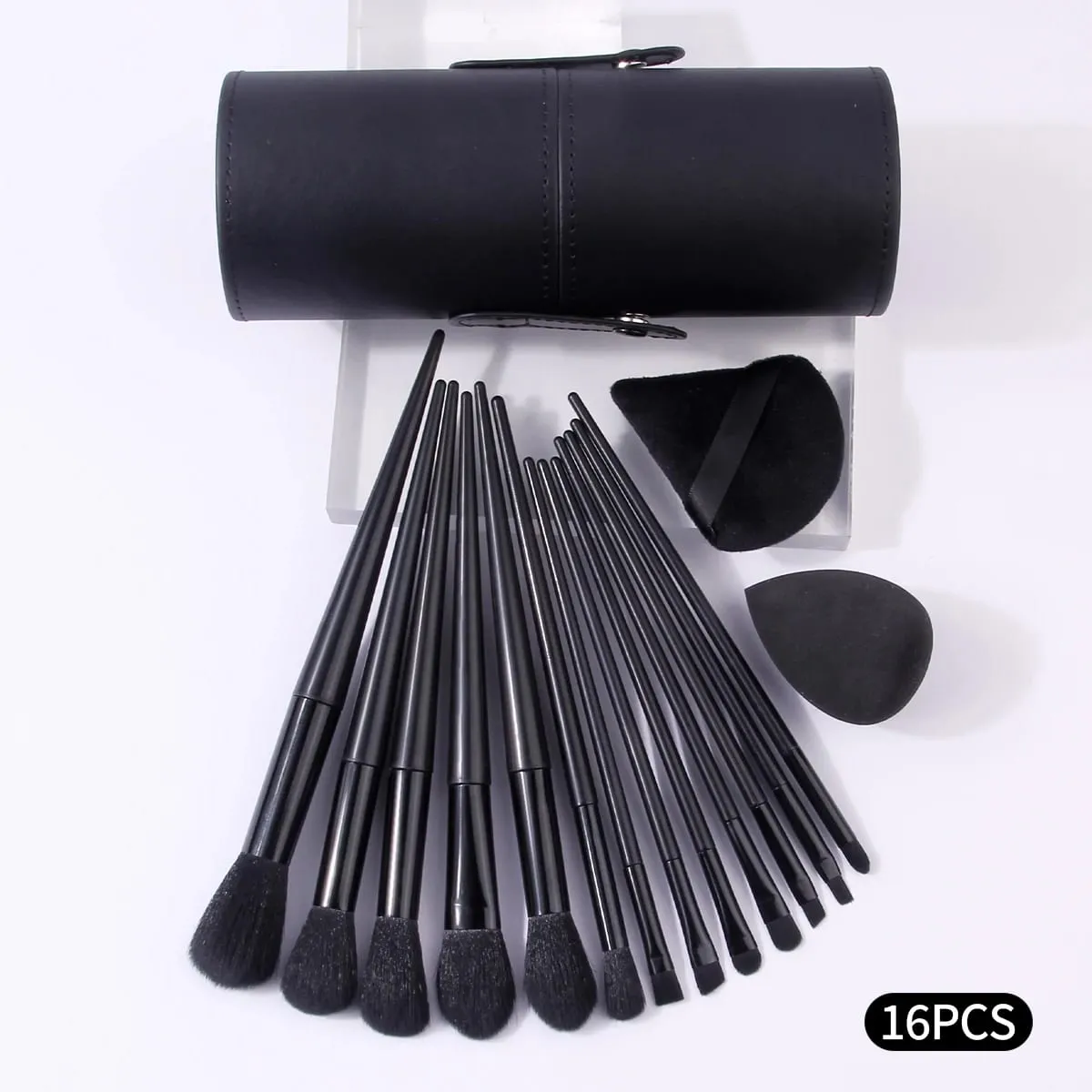 16Pcs Black Makeup Brush Kit with Storage Holder & Powder Puffs Soft Fluffy Brushes Premium Black Synthetic Brushes for Full F — image 3