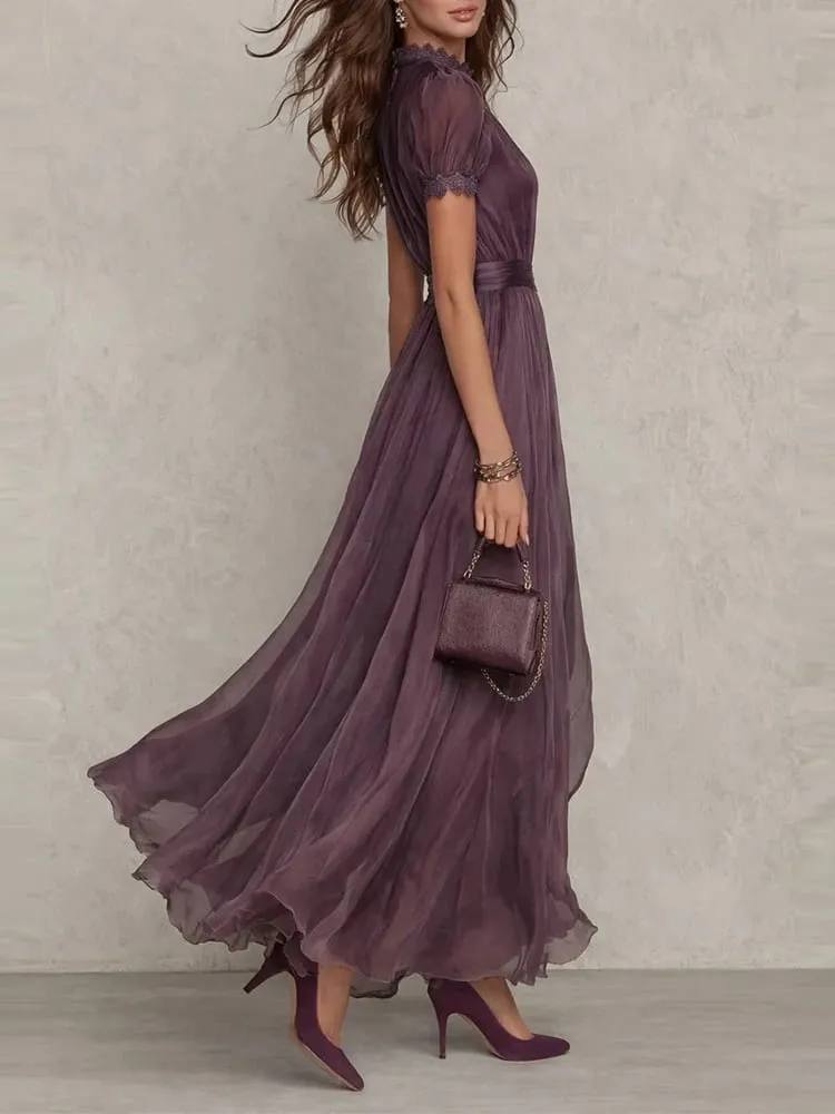 Vintage Solid Lace A-Line Long Dress Women's O Neck High Waist Pleated Party Dress Summer Short Sleeve Flowy Maxi Dresses — image 2