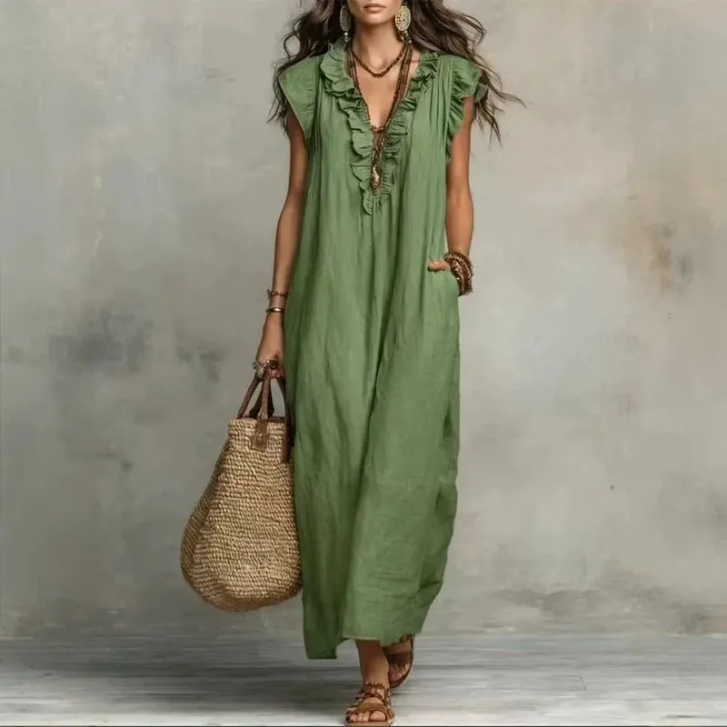 2026 verão feminino boho algodão linho maxi vestido cor sólida plissado decote em v sem mangas solto vestidos longos com bolsos casual praia