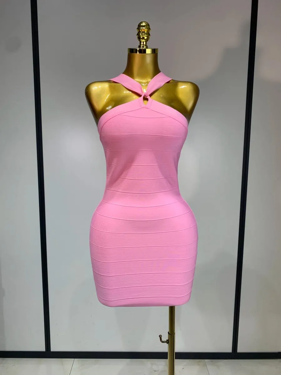 Women Sexy Backless Pink Bodycon Mini Bandage Dresses Elegant Evening Party Luxury Birthday Nightclub Cocktail Prom Gown — image 2