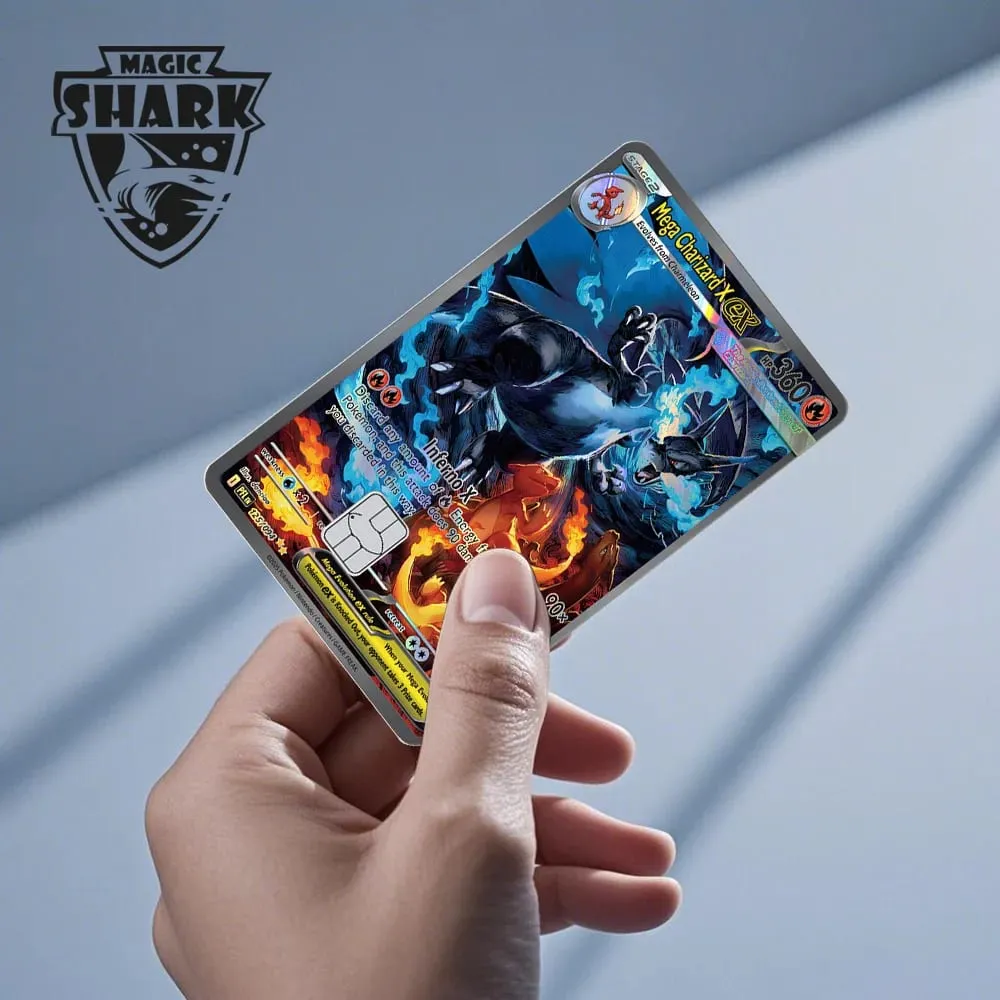 Tubarão mágico mew charizard ex eevee gengar pikachu tcg cartão holográfico laser filme de pele adesivo para cartão de crédito bancário