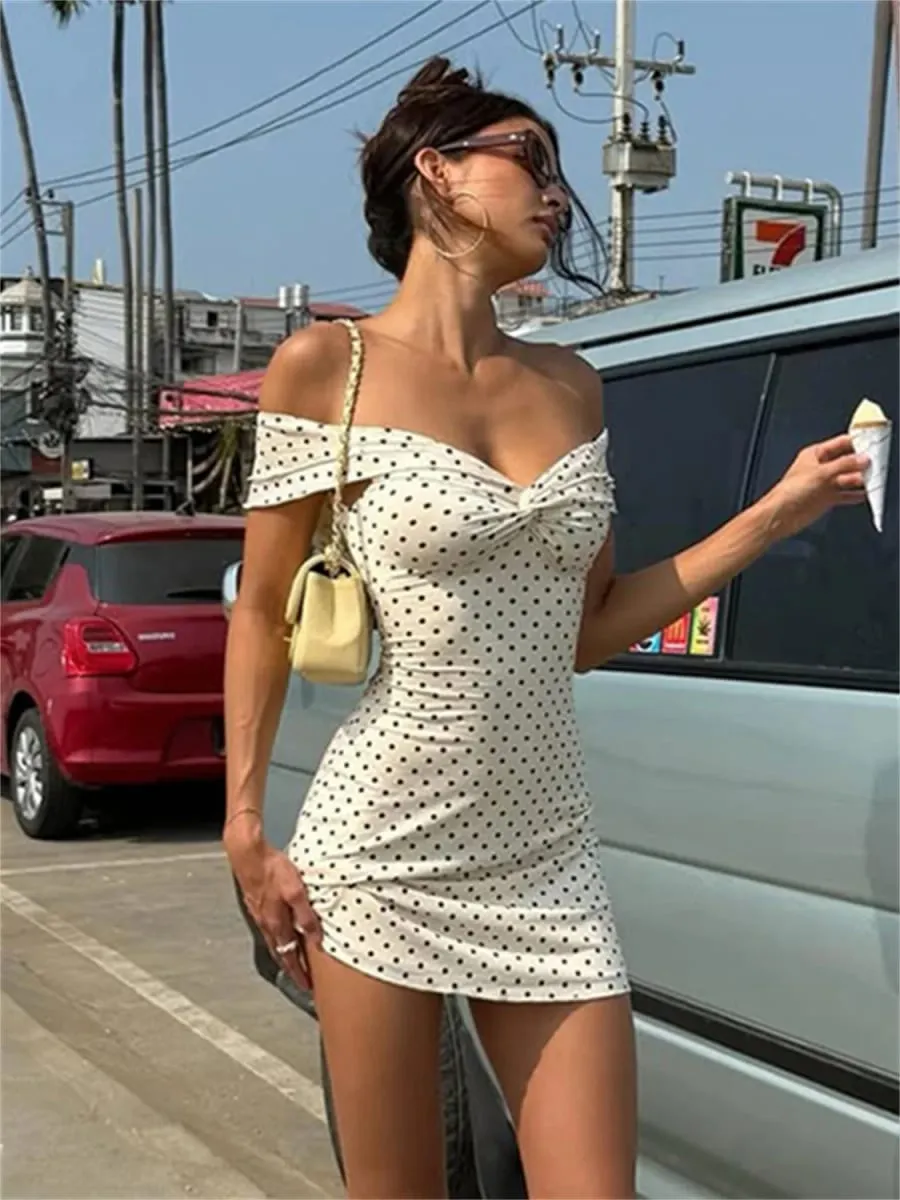 Whatiwear Sexy Trend Dress Women Polka Dot Print Slash Neck Ruched Patchwork Sleeveless Fashion Summer Street Party Mini Bodycon — image 3