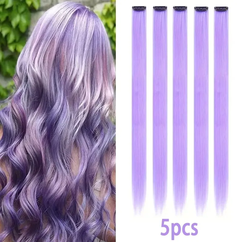 22Inch Synthetic Long Straight 5pcs Clip in Hair Extension Colored Rainbow Hairpieces for Women Daily Use — image 17