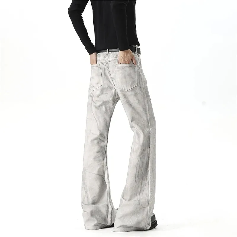 Men White‑Grey Washed Flare Jeans Embossed Pattern Rivet Decor Loose Floor‑Length Y2K Streetwear Denim Trousers 9X4397