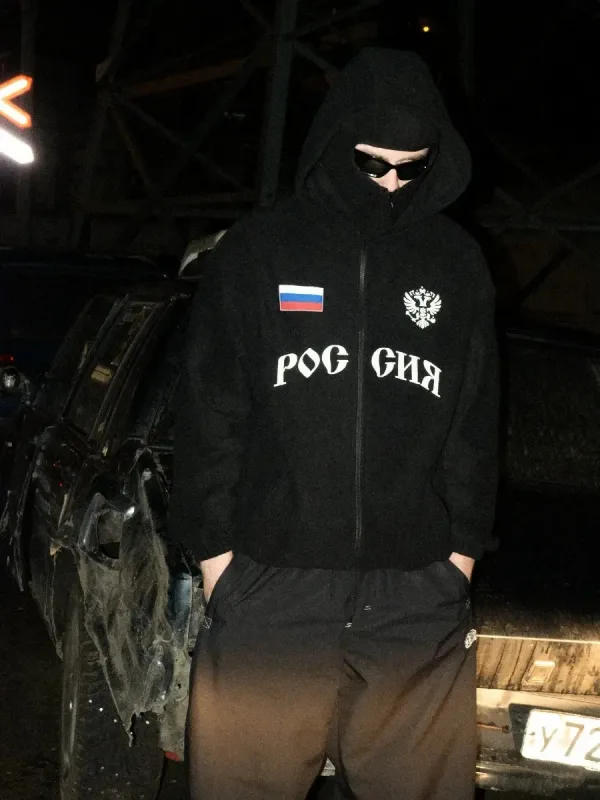 Hip Hop Face Cover Hoodie Unisex Loose Black Zip Up Sweatshirt Eagle Flag Printed Design — image 2