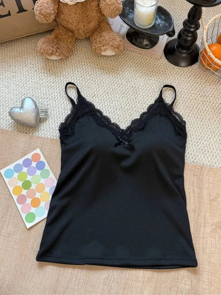Spaghetti Strap Camis 2026 Summer Lace Ribbed Women Tank Top With Built In Bra Pads Slim Fit Crop Top For Inner & Outer Wear