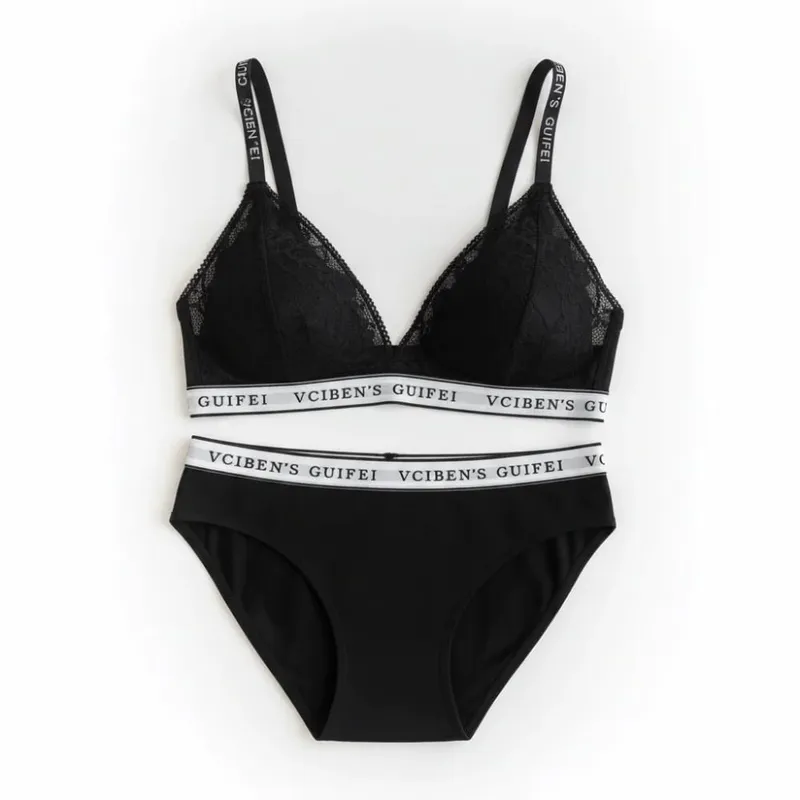 Bra Suit Letter Design Lingerie Set Lace Wireless Women Underwear Suit Deep V Color Blocking Bra Panties Set Women