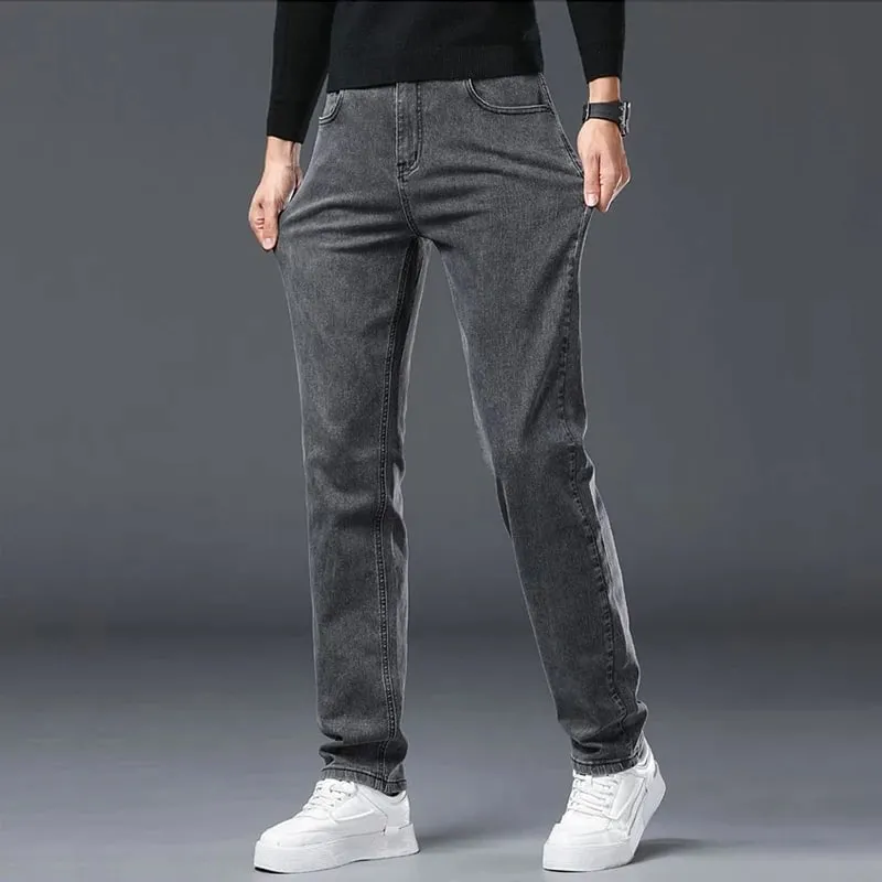 Spring New Men's Slim Fit Elastic Jeans Fashion Gray Comfortable Casual Denim Pants Korean Business Work Straight Black Trousers — image 3
