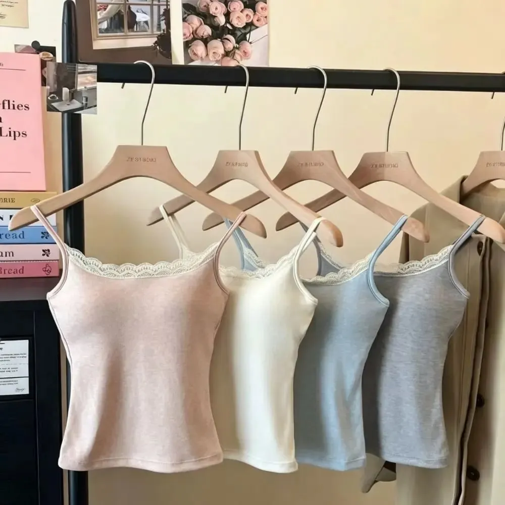 Sexy Lace Trim Slim Fit Camisole Vest With Chest Pad Fashion Women's Camis Tank Tops Summer Solid Color Versatile Integrated Top