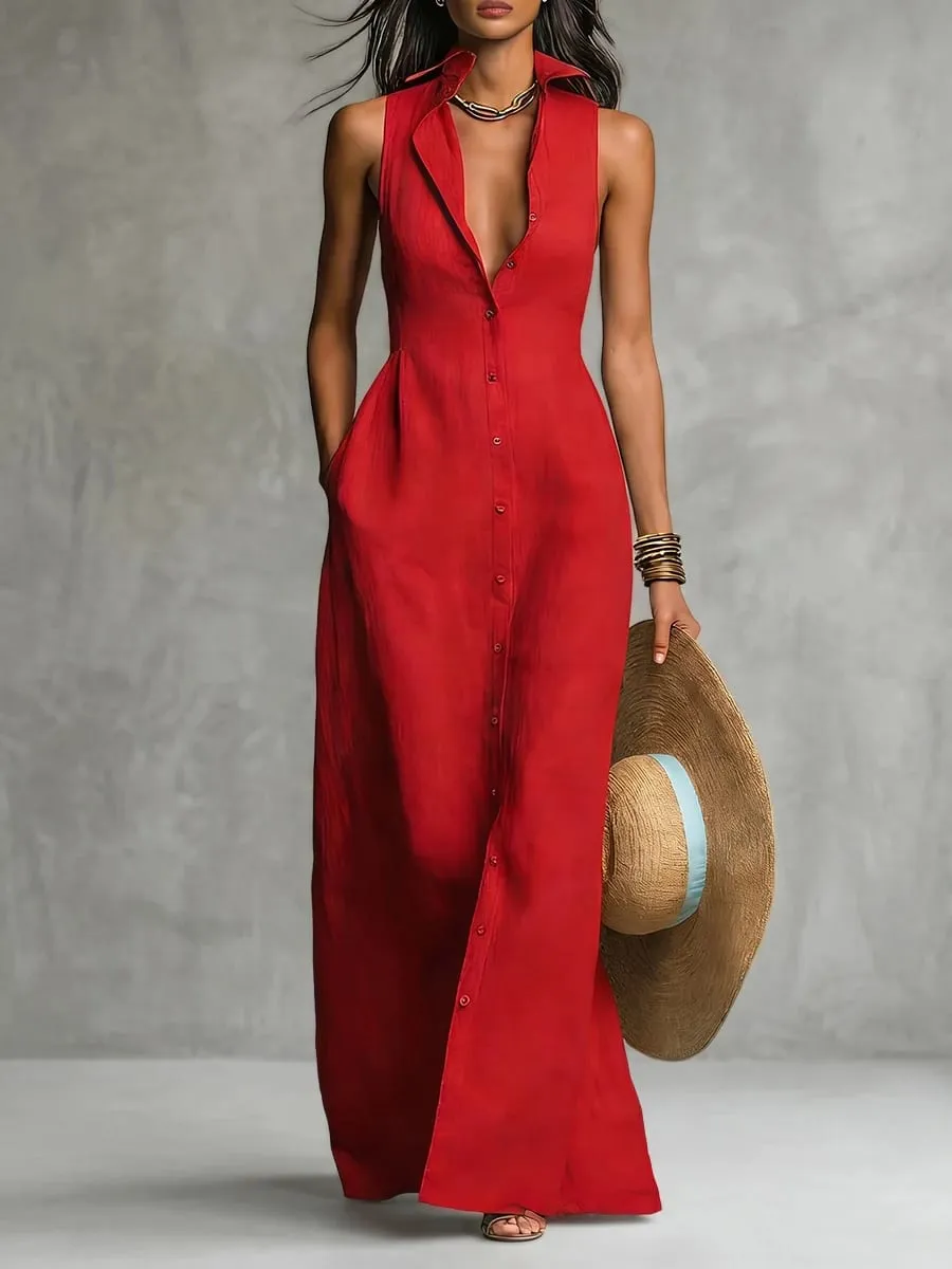 Freeacy Women Sleeveless Shirt Collar Maxi Dress 2026 Summer Solid Red Button Front Slim Fit Cotton Blended Vacation Dresses — image 1