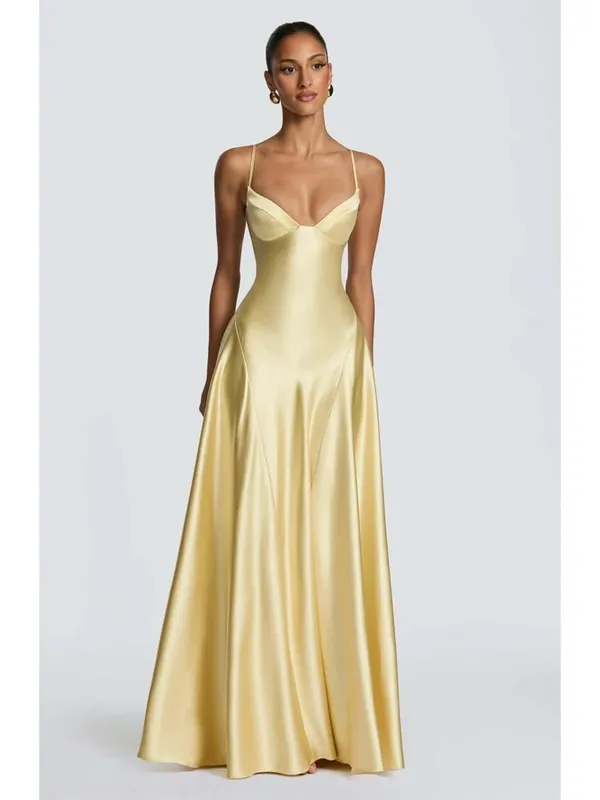 Solid Satin Lace Slip Dress Spaghetti Strap Trim Women V-neck Bias Cut Maxi Dresses 2026 Lady Elegant Evening Party Summer Gown — image 11