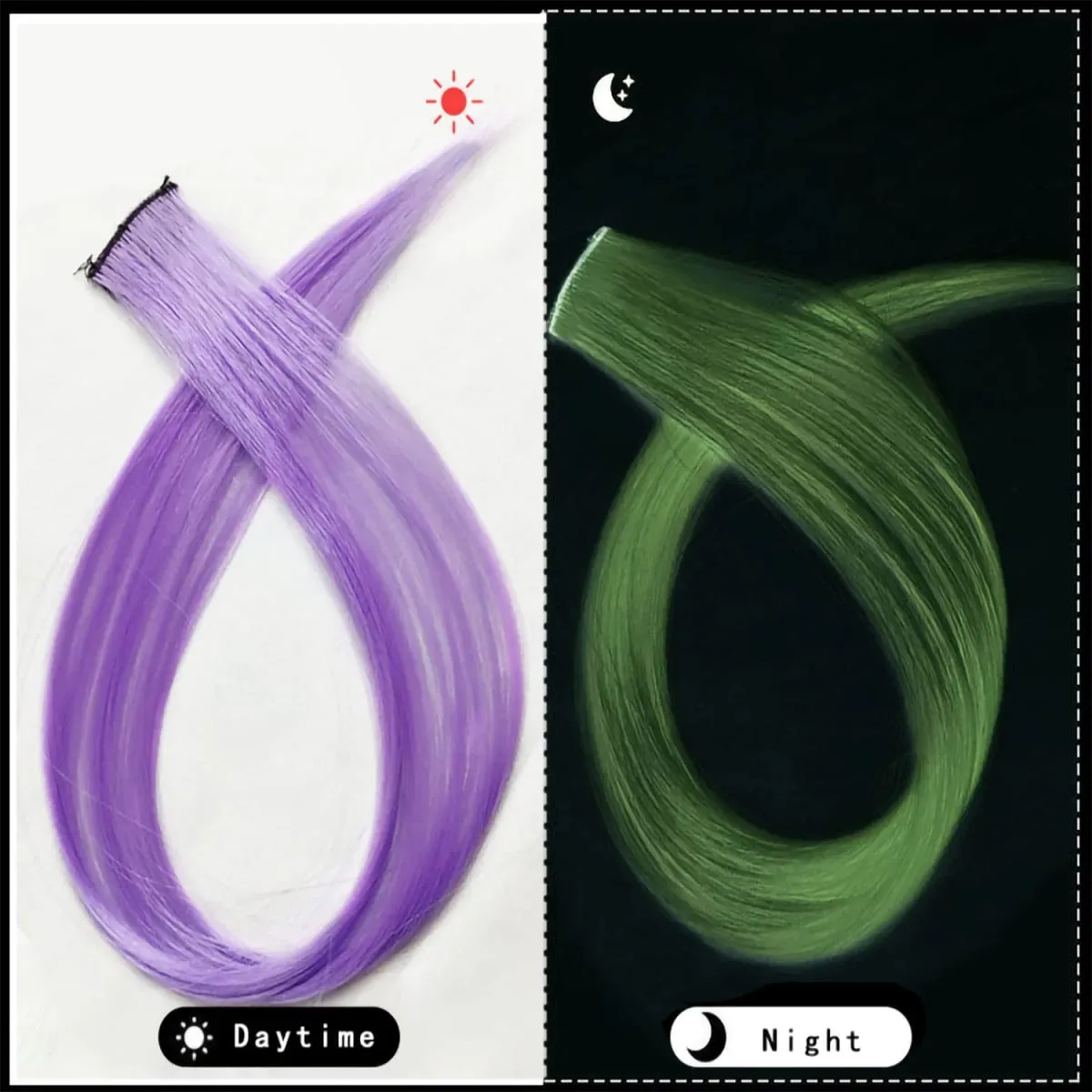 Extensiones de cabello que brillan en la oscuridad, 20 pulgadas, Clip, postizos de colores luminosos, pinzas para el cabello de arcoíris, peluca sintética recta