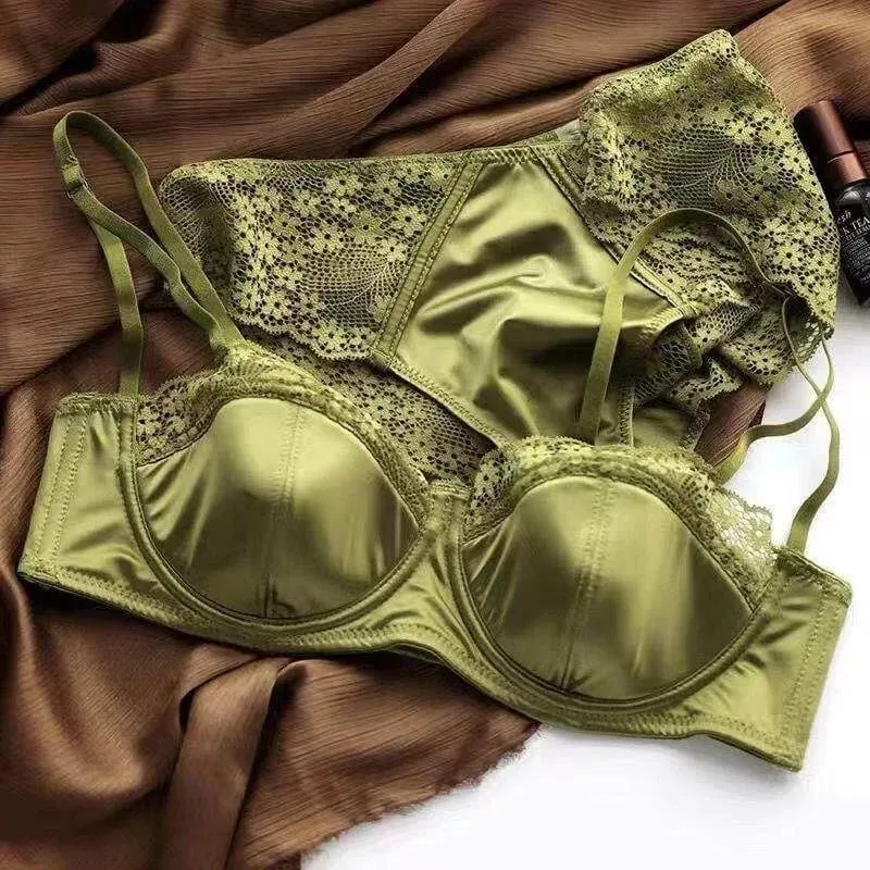 European Satin Half Cup Push Up BH Set Bügel Dünn Glatt Grün Spitze Komfortabel Sexy Dessous Für Damen 32-38 Hot Selling YEMOMO — image 3