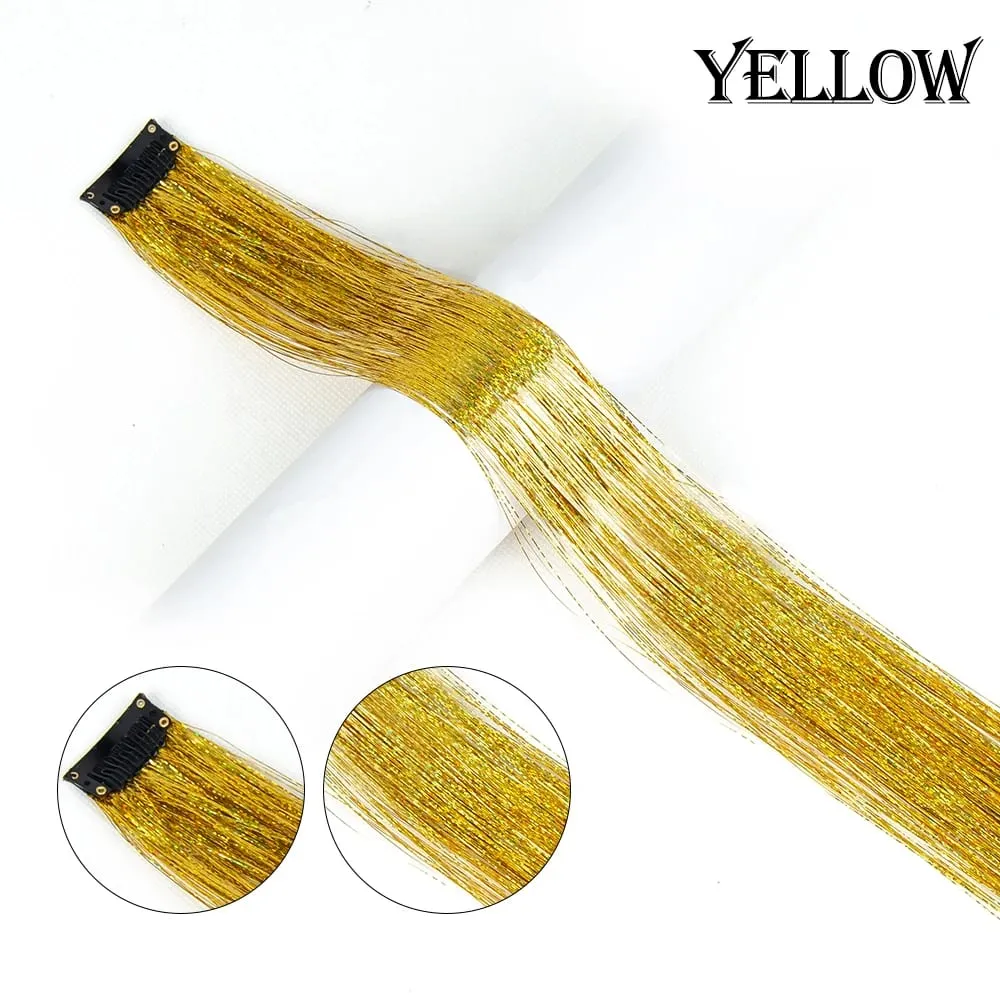 Straight Rainbow Colored Party Highlights Clip On In Hair Extensions Bling Hair Piece Synthetic Hairpieces Sparkling Tinsel Red