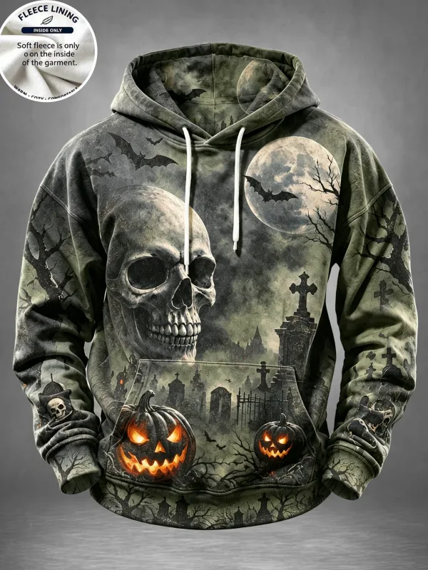 Men Fleece Lined Hoodie Halloween Skull Graveyard Pumpkin Print Pullover Hooded Sweatshirt Top