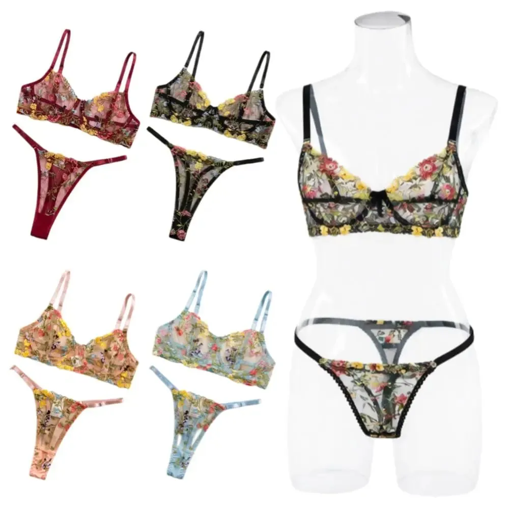 Set Pakaian Dalam Bunga Bohemia 2 Keping Sulaman Seluar Dalam Serbaguna Intimate Underwire Push-up Set Seluar Dalam Bra Tipis Untuk Gadis Wanita
