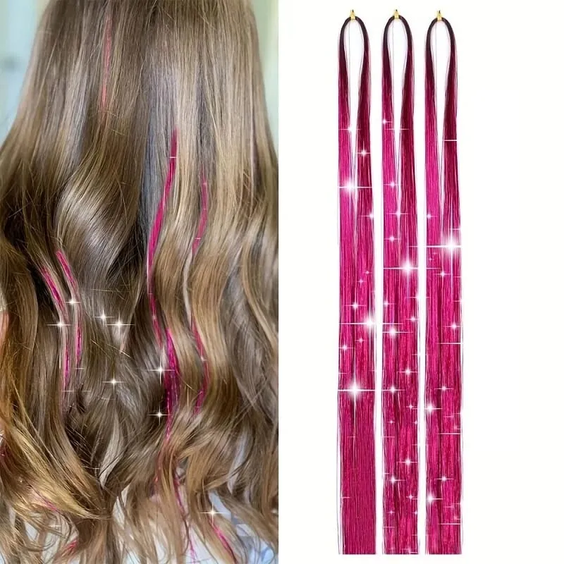 90cm Synthetic 3pcs/set Rainbow Colored Shiny Hair Laser Tinsel Long Straight Heat-Resistant Fairy Hair Extensions Party Daily — image 12