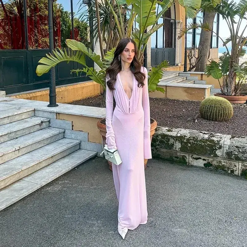 Luxury See Through Mesh Bodycon Maxi Dress For Women Lady Long Flared Cuff Deep V Neck Pleated Beach Holiday Evening Party Gown — image 2