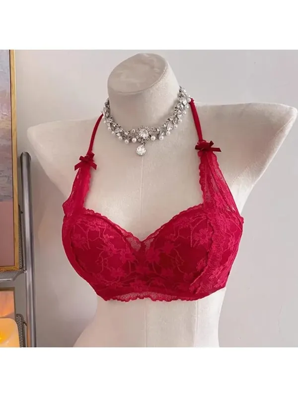 Sweet Halter Neck Bow Lace Wireless Bra Padded Push‑up Brassiere Ladies Layering Intimate Lingerie for Small Bust Size 32‑38 ABC