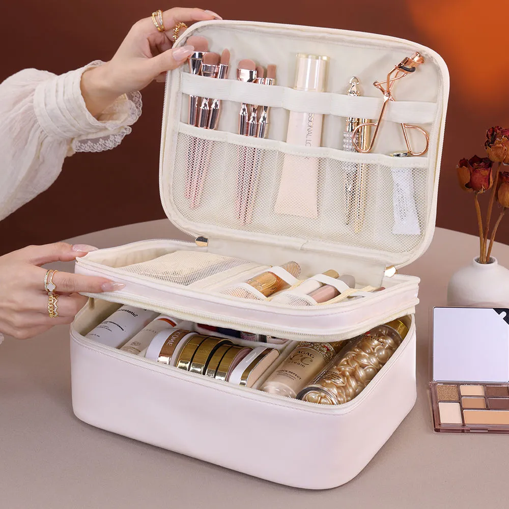 Multiple Compartments Large Capacity Cosmetic Organizer Case Portable Travel Toiletry Bag Double Layer Detachable Makeup Bag