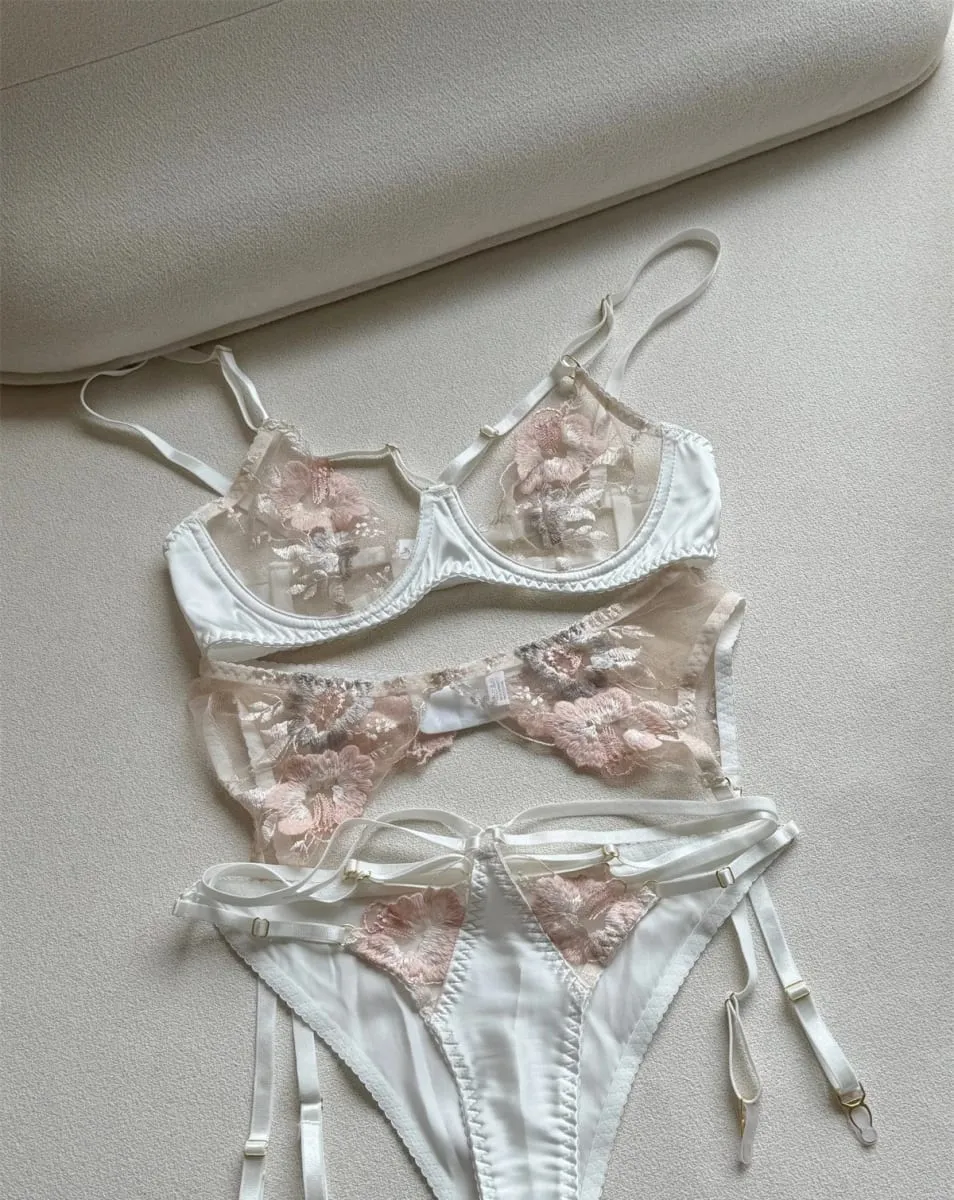 蕾絲刺繡壓花花朵內衣套裝大胸顯小上翹內衣聚攏性感胸罩三件套