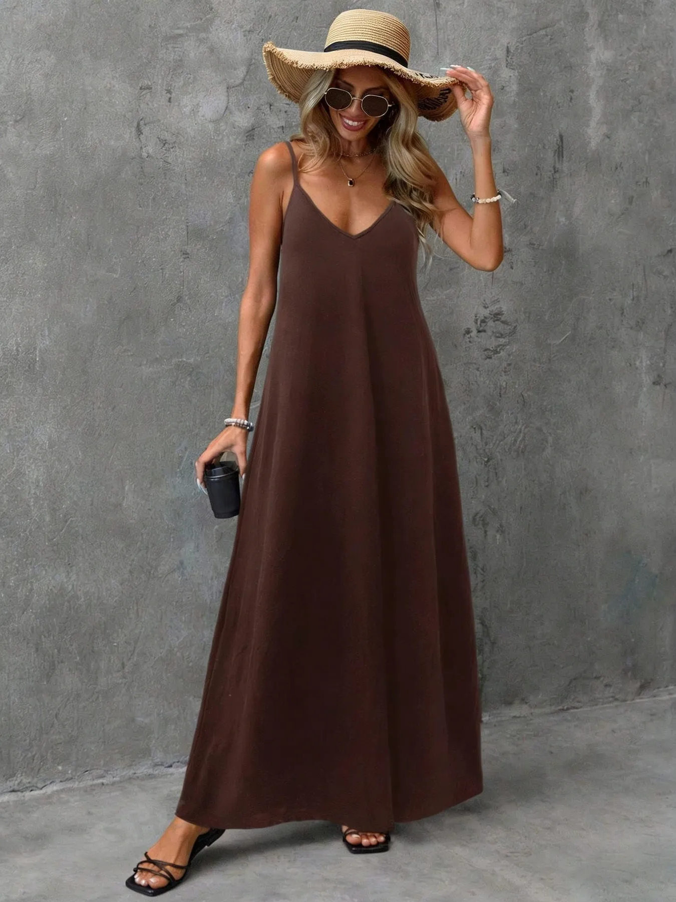 2026 Casual and Elegant Solid Color Suspender V-Neck Sleeveless Loose and Comfortable Backless Dress Long Skirt