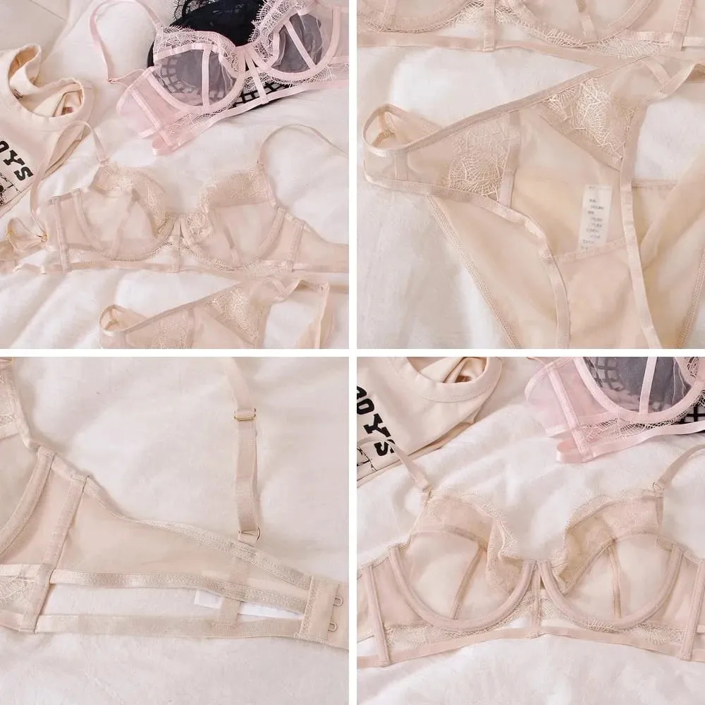 Ultra-Thin Embroidery Mesh Lingerie Set with Steel Ring Push-Up for Large Breasts & Sexy Look