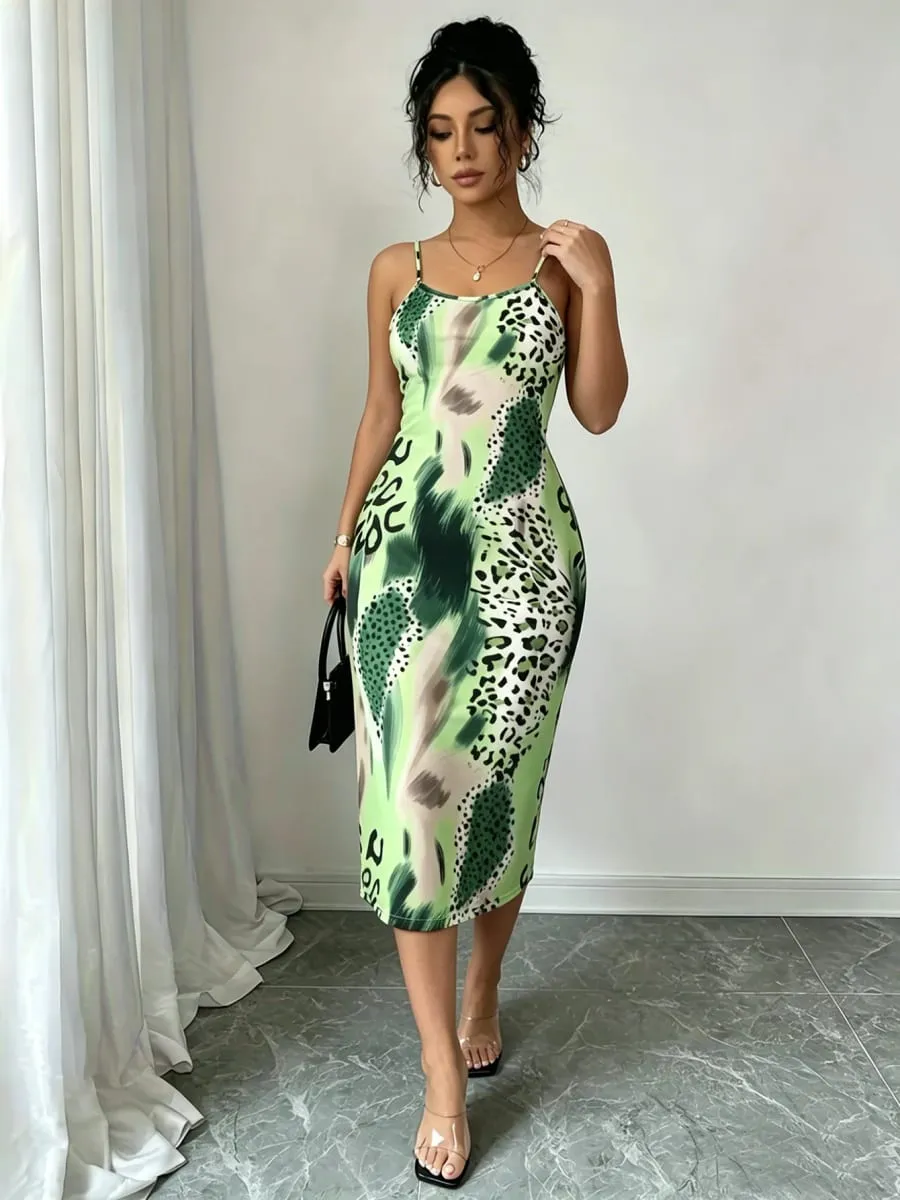 Women Spaghetti Strap Midi Dress Green Leopard Print Bodycon Casual Dress Summer Sexy Party Cocktail Clubwear Date Dress — image 5