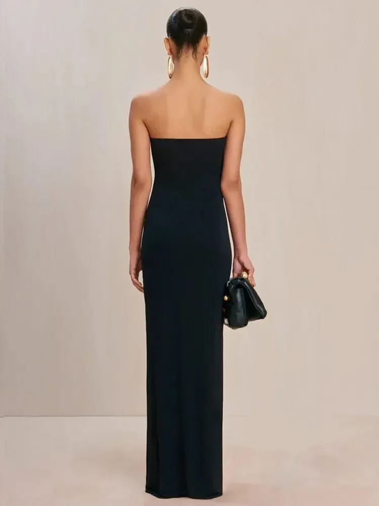 2025 Kvinder Berømthed Sexet Stropløs Rygløs Sort Maxi Lang Bodycon Bandagekjole Elegant aftenklub festoutfit