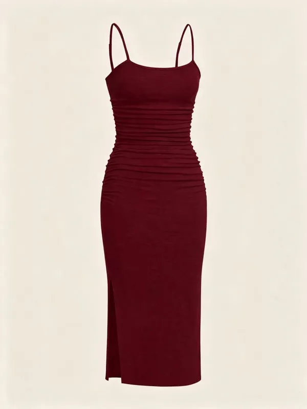 Women Spaghetti Strap Midi Dress Ruched Side Bodycon Slit Cami Pencil Midi Dress — image 8