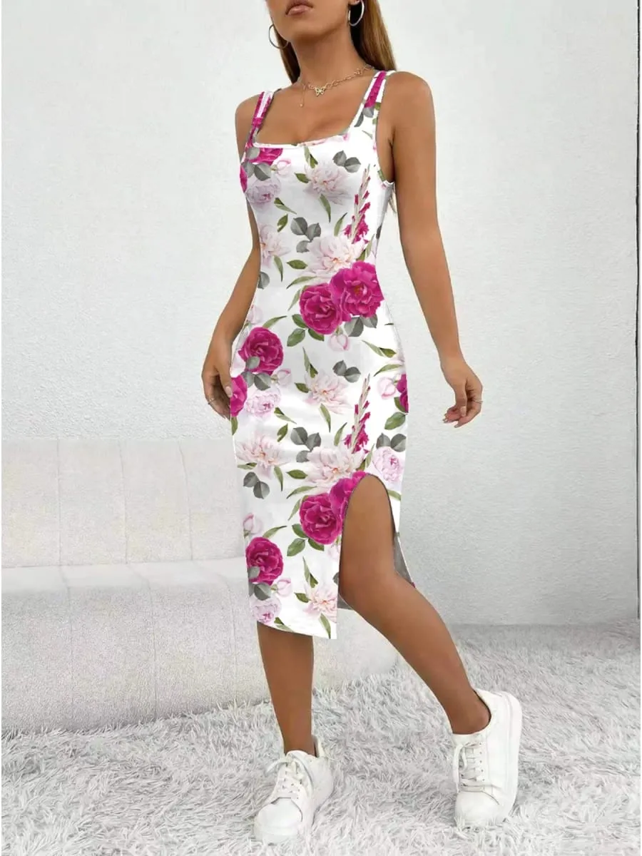 Women's Floral Print Sleeveless Dress Casual Elegant Comfortable Mid-Length Skirt with Thick Shoulder Strap Square Neck Slit