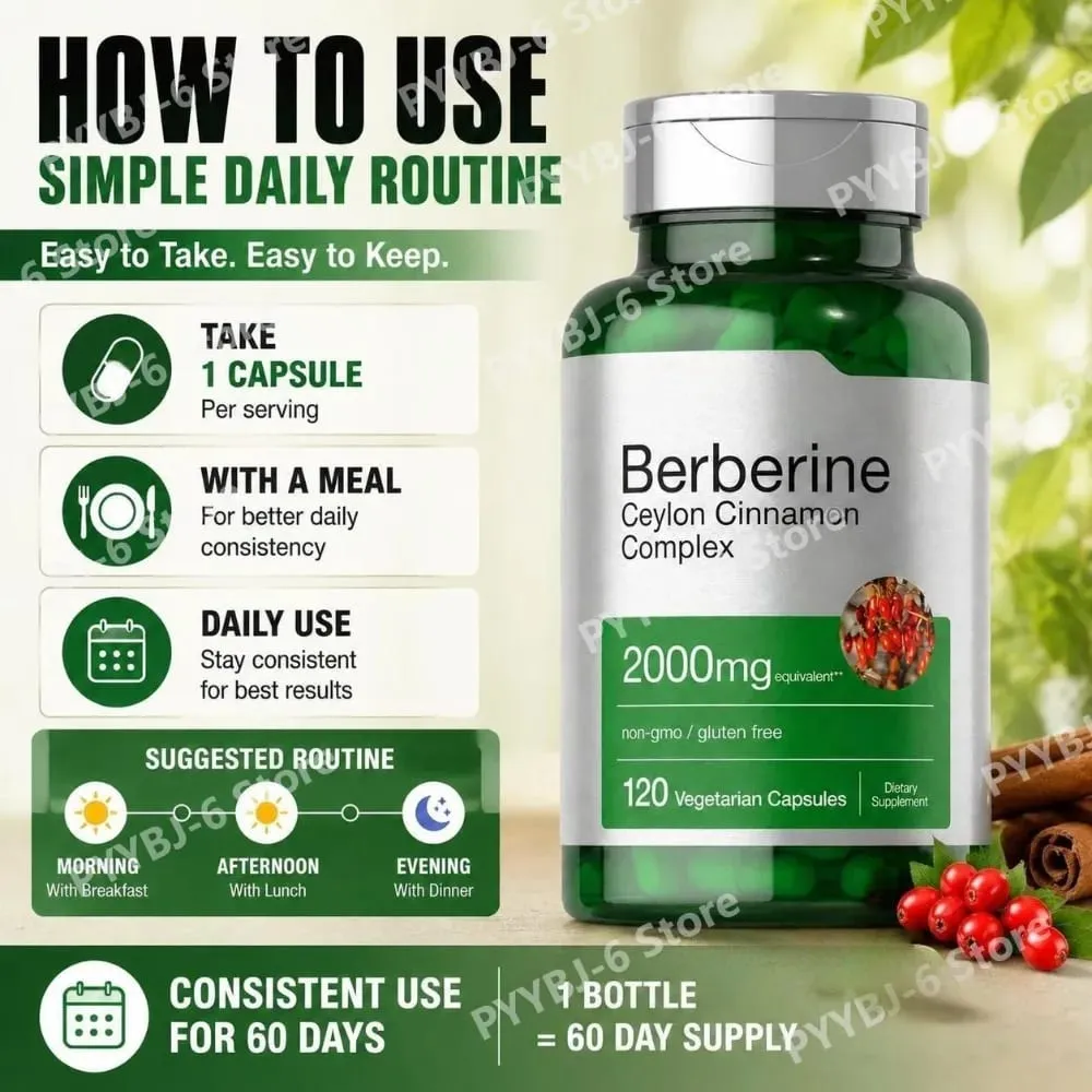 Berberin-Ceylon-Zimt-Komplex, 2000 mg, vegetarische Kapseln, gentechnikfrei, glutenfrei, tägliche Wellness-Ergänzung für Erwachsene, 120 Stück