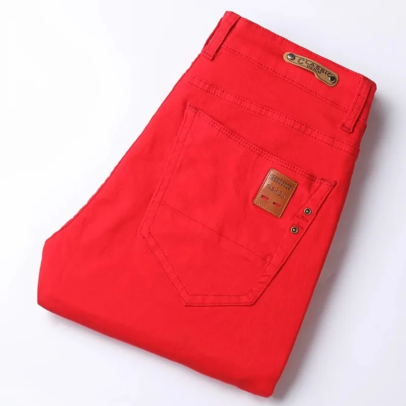 Spring New Men's Red Elastic Jeans Korean Slim Straight Leg Wash Denim Pants Comfortable Soft Casual Trendy High End Trousers — image 6