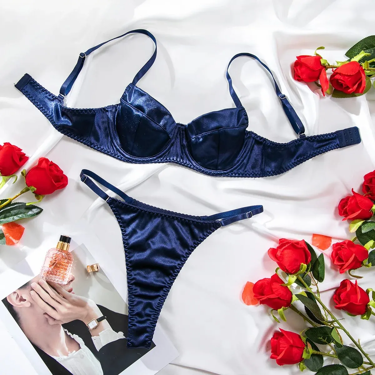 Push Up Underwire Satin 2 Pcs Sexy Bra Set Women Underwear Patchwork Bras and Thongs Suits Attractive Bilizna Intimate Set — image 5