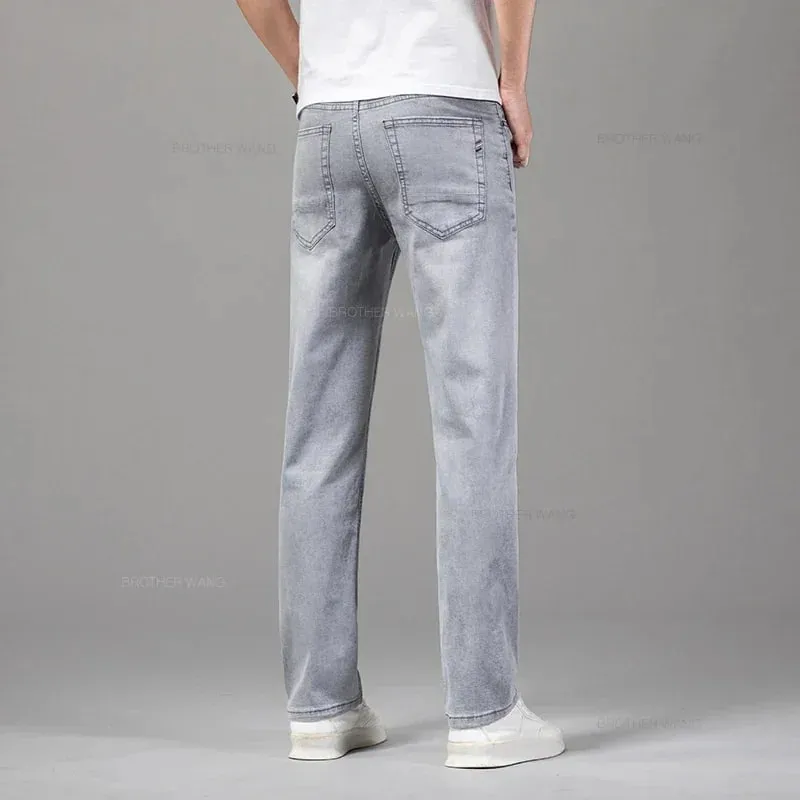 Celana Jeans Melar Katun Ringan Lurus Cocok untuk Pria Merek Musim Panas Celana Pria Jeans Abu-abu Muda Tipis Pinggang Tinggi Kasual Bisnis — image 3