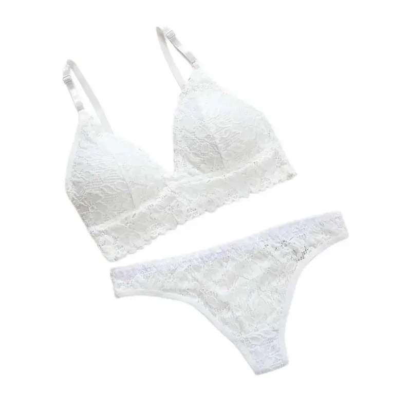 Fashion V Neck Lace Flower Bra Set Thong Solid Color Floral Panties Bra Kit T-Back Lingerie Lace Underwear Valentine's Day Gift