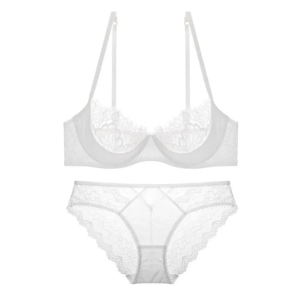 Women Ultra Thin Sheer Lace Half Cup Bra Set Big Bust Minimizer Support Lift Lightweight Wireless Casual Lingerie Underwear S-XL — image 1