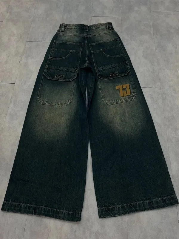 Y2K American New Pattern Embroidery Baggy Jeans Men High Street Vintage Hip Hop Fashion Casual Joker Couple Wide-leg Pants
