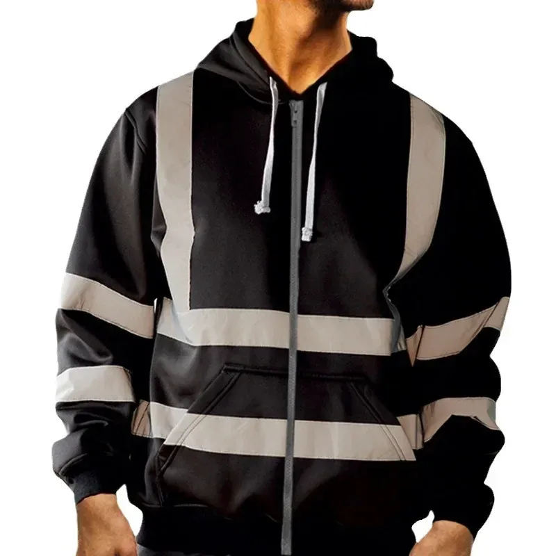 Reflective Work Safety Men Hoodies Drawstring Loose Zipper Jacket Autumn Thin Fleece Hooded Pullover Coat Casual Work Sweatshirt