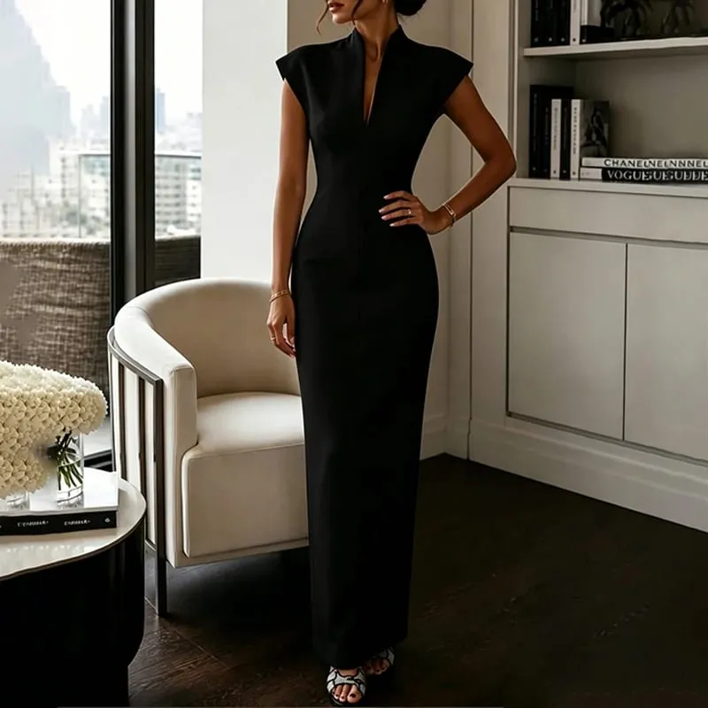 Women's Commuting Evening Party Elegant Gowns Solid Stand Collar V-neck Sleeveless Sheath Maxi Dresses Temperament Clothing — image 2