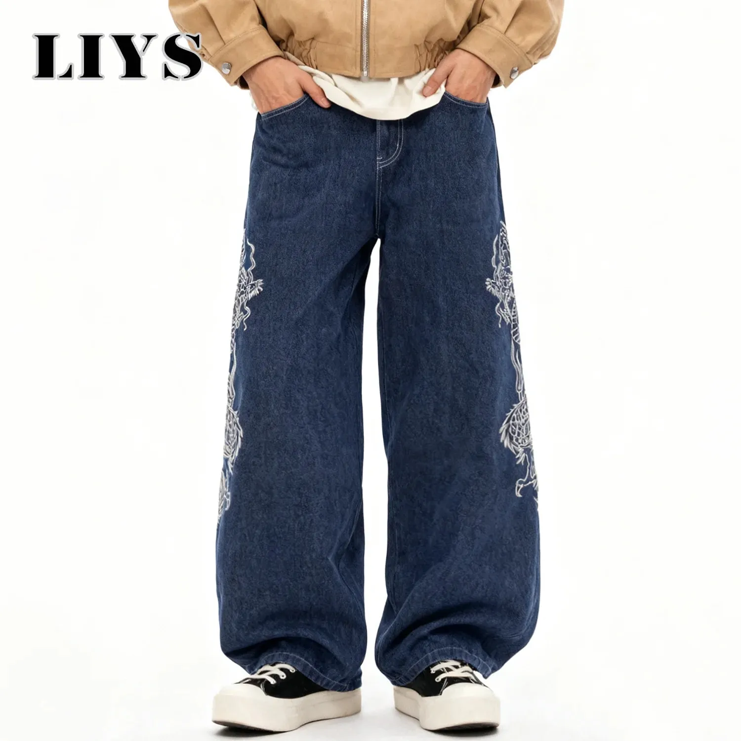Korean Street Blue Baggy Wide Leg Men's Jeans Personalized White Dragon Pattern Embroidery Denim Pants Gothic Male Jeans Unisex — image 4
