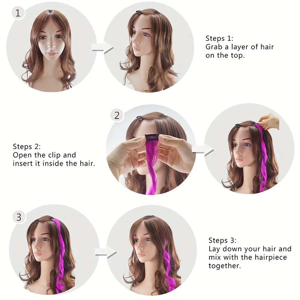 5pcs/set Colorful Clip In Synthetic Hair Extension Rainbow Long Straight Hairpieces For Women Girl Kids Y2K Style Daily Party