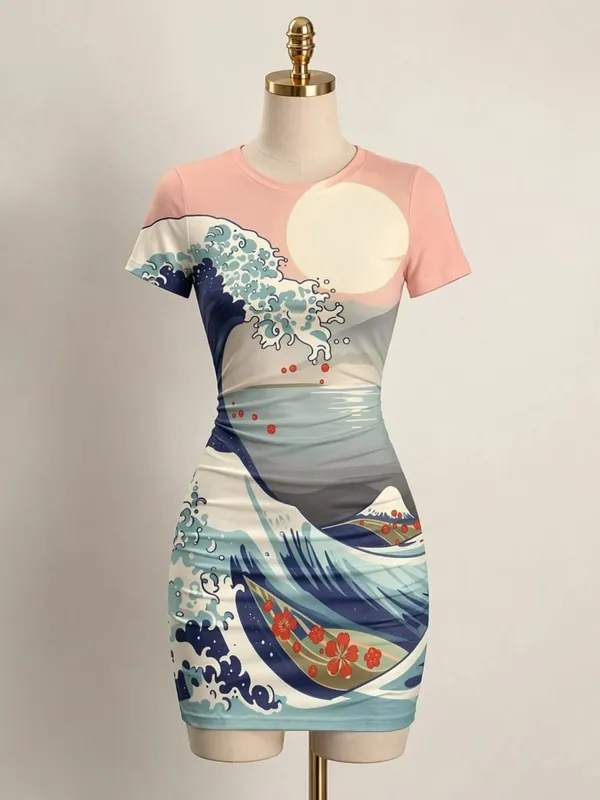 Womens Short Sleeve Bodycon Mini Dress Slim Fit Crew Neck Floral Print Casual Summer Party Cute Stretch Modern Vacation Sundress — image 8